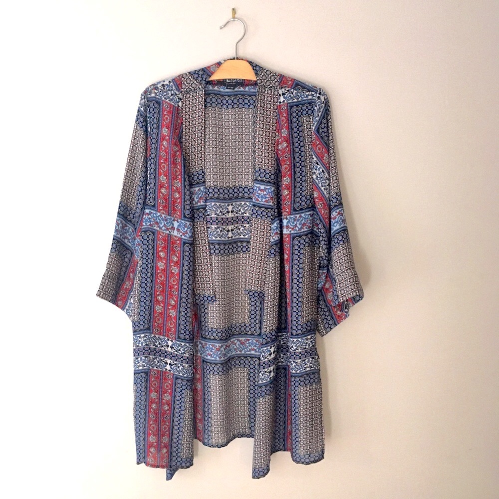 Flowy Kimono | Blue-and-Red Pattern | NWOT